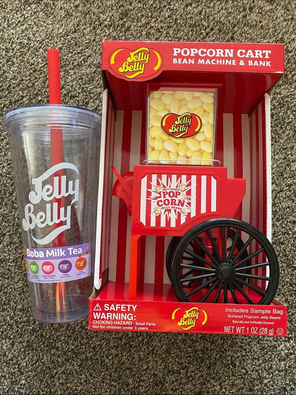 Nwt*Red Popcorn Cart Bean Machine & Bank with Clear Boba Milk Tea Tumbler